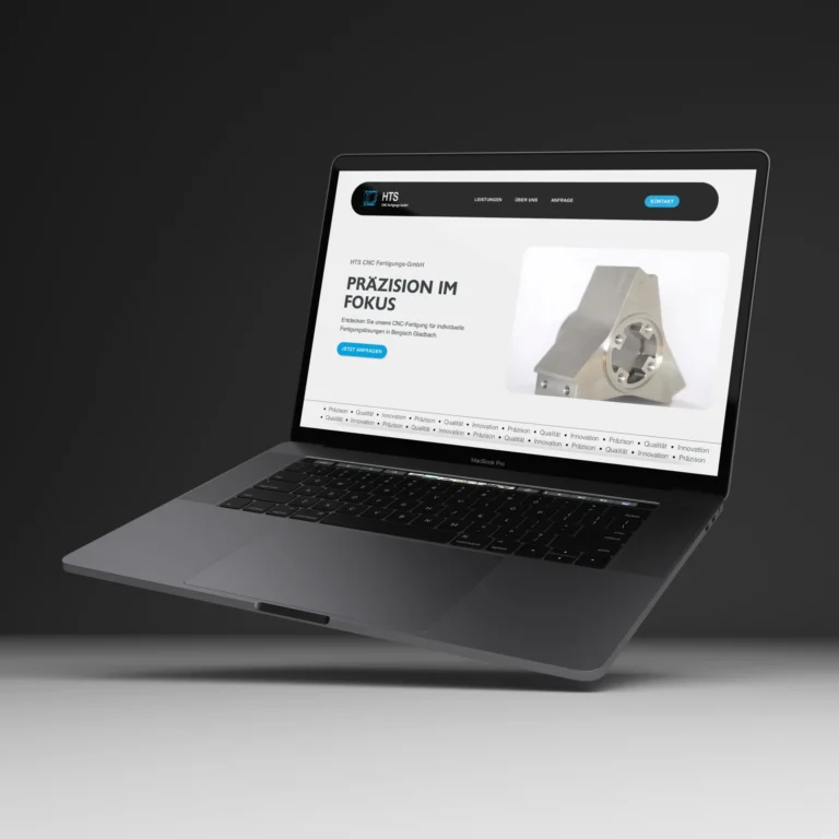 Mockup mit moderner HTS CNC Fertigung Website für Industrie, Maschinenbau und Präzisionsfertigung auf dunklem Hintergrund