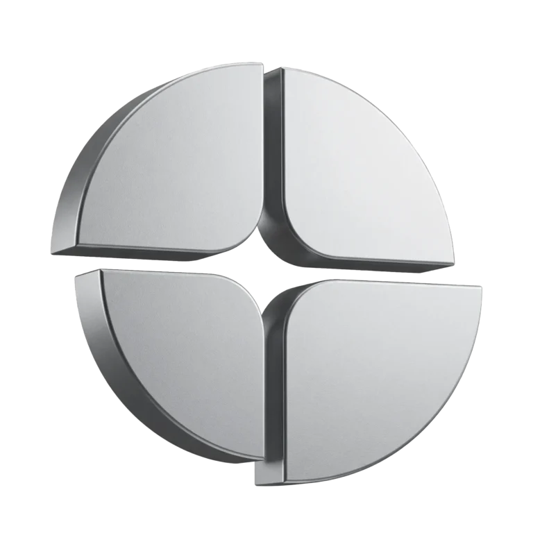 Metallisches 3D-Logomark von Takoma Digital als modernes Symbol für Industrie, digitale Prozesse und technische Markenkommunikation