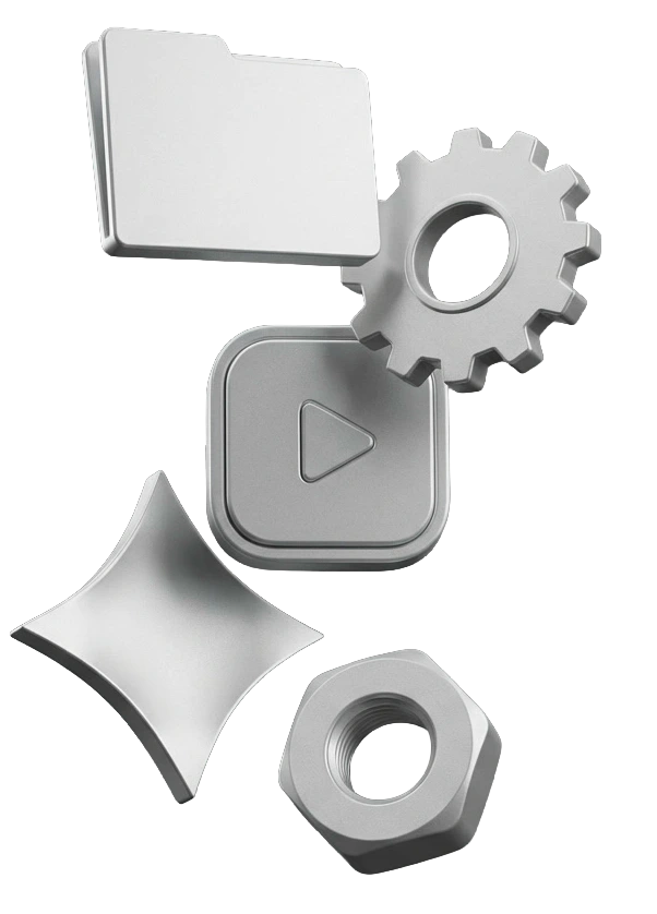 Metallische 3D-Icons mit Ordner, Zahnrad, Play-Button und Industrieelementen für digitales Marketing und technische Unternehmenskommunikation