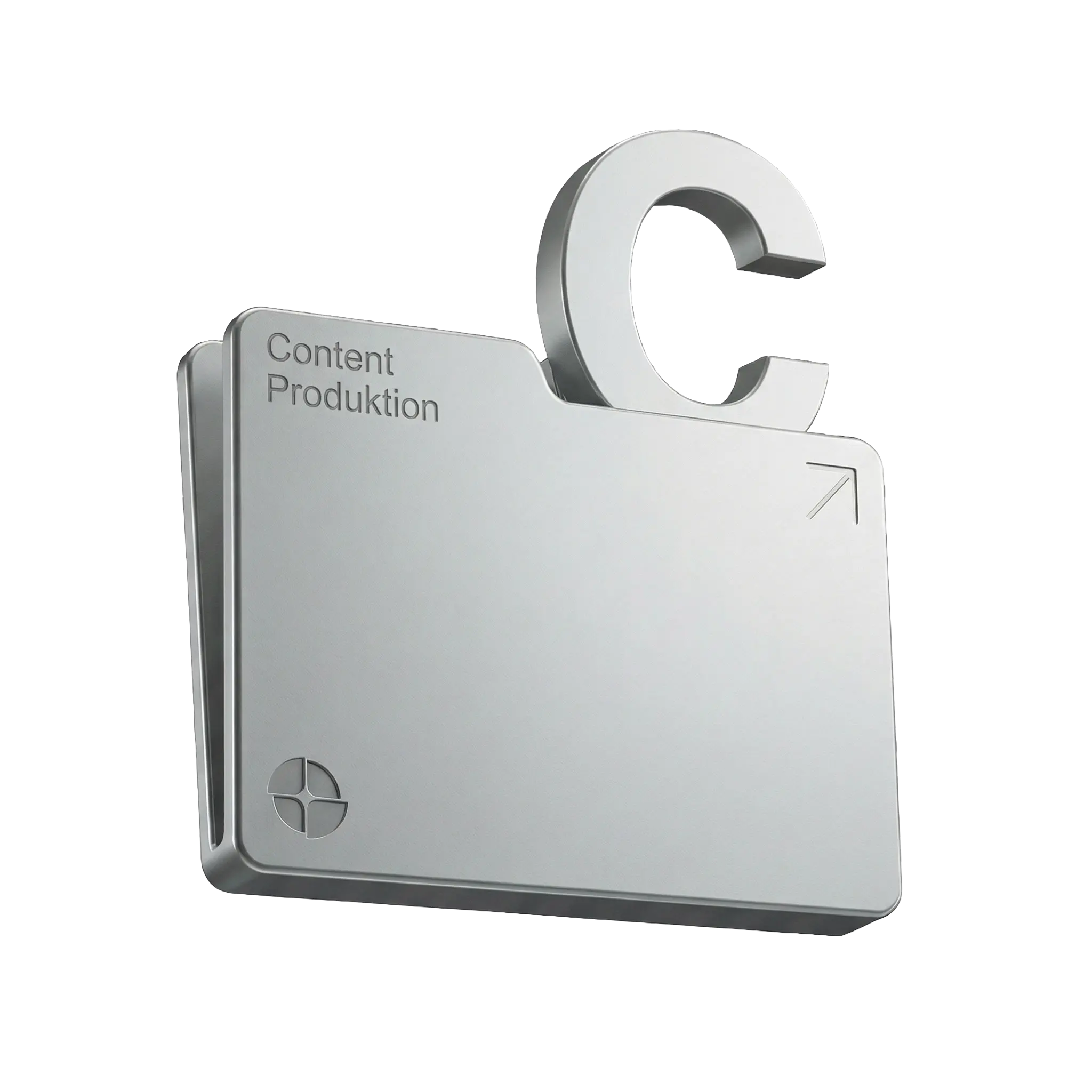 Metallisches 3D-Content-Production-Icon mit Ordner und Buchstaben „C“ für Content-Erstellung und Medienproduktion
