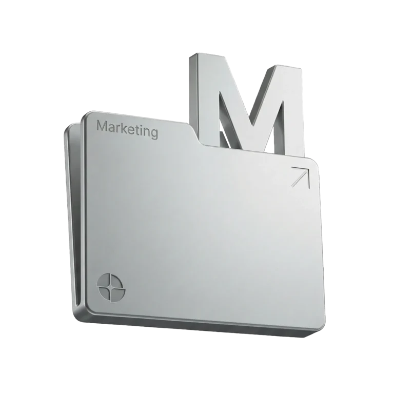 Metallisches 3D-Marketing-Icon mit Ordner und Buchstaben „M“ für strategisches digitales Marketing