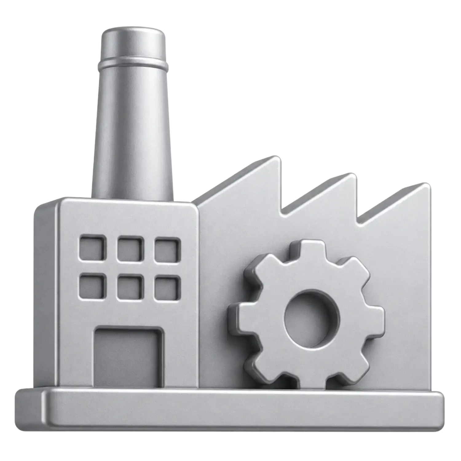3D Industrie-Icon mit Fabrik und Zahnrad im modernen Metallic-Stil