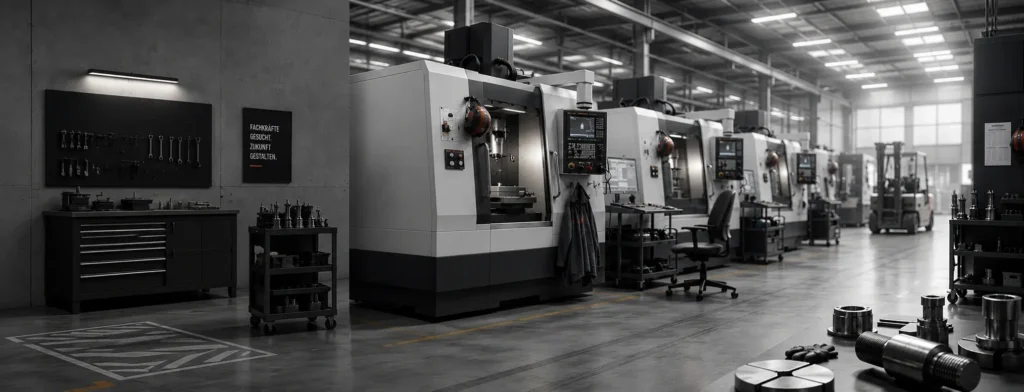 Moderne CNC-Fertigungshalle mit hochwertigen Werkzeugmaschinen und Fokus auf Fachkräftemangel im Maschinenbau.