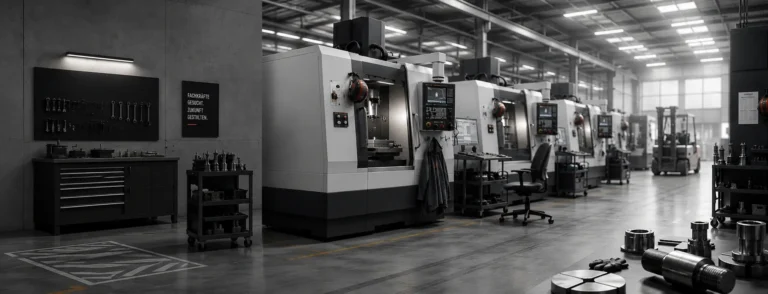 Moderne CNC-Fertigungshalle mit hochwertigen Werkzeugmaschinen und Fokus auf Fachkräftemangel im Maschinenbau.