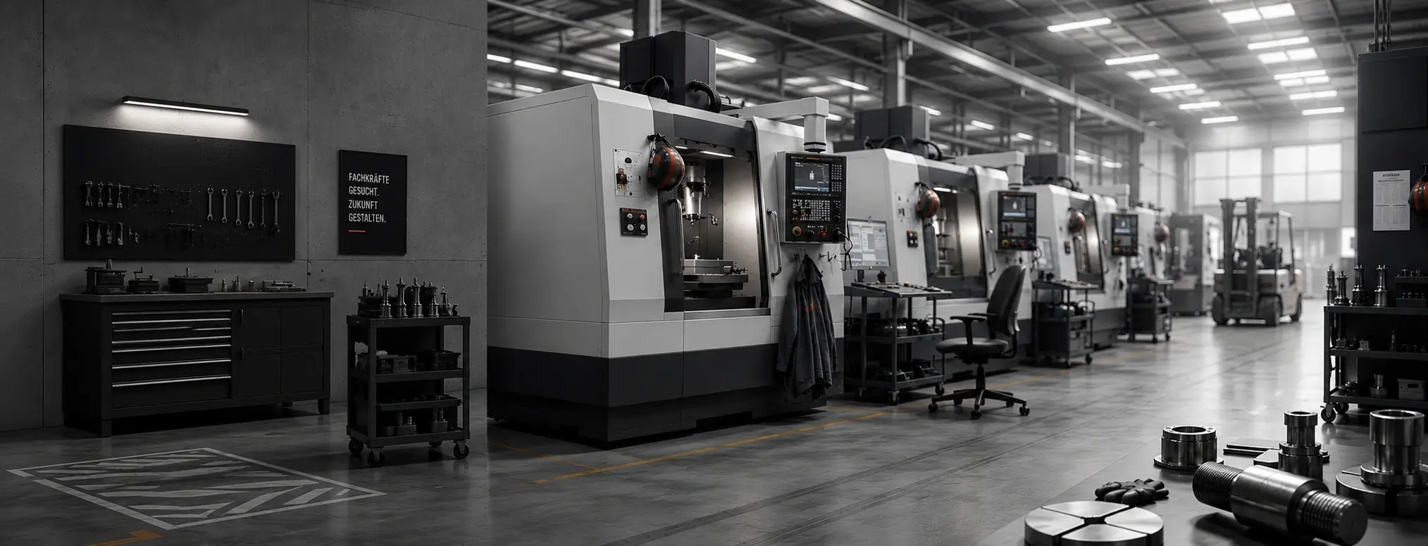 Moderne CNC-Fertigungshalle mit hochwertigen Werkzeugmaschinen und Fokus auf Fachkräftemangel im Maschinenbau.