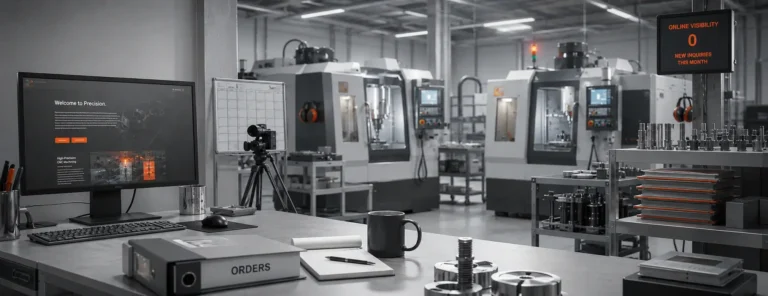 Moderne CNC-Produktionshalle mit Werkzeugmaschinen und Fokus auf digitale Sichtbarkeit von Industrieunternehmen.