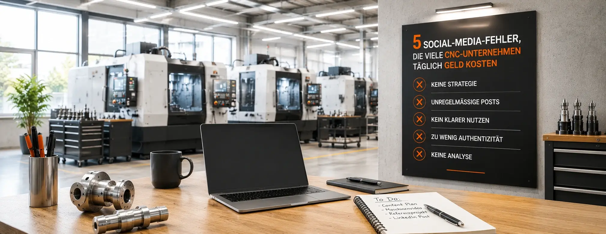 Heller moderner Arbeitsplatz in einer CNC-Fertigung mit Laptop und Hinweistafel zu Social-Media-Fehlern.