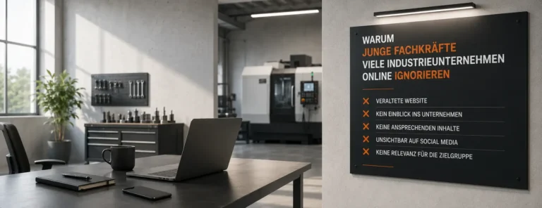Moderner Arbeitsplatz in einer Industriehalle und Fokus auf digitale Arbeitgeberattraktivität im Maschinenbau.