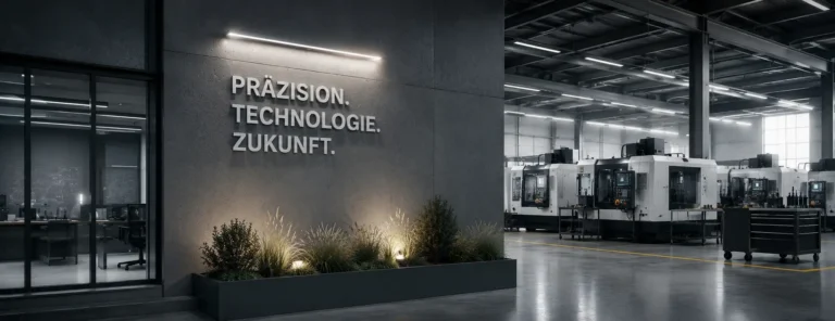 Moderner Industrie-Showroom mit CNC-Maschinen und hochwertigem Markenauftritt im Maschinenbau.