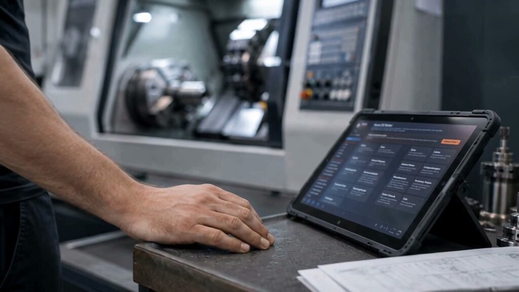 Zerspaner am Tablet mit dem Takoma CNC-Rechner neben einer CNC-Drehmaschine